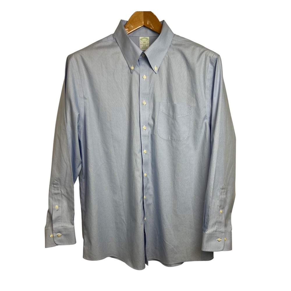 Brooks Brothers Dress Shirt Men 17.5 34/35 Slim Blue Micro Gingham Non-Iron F17